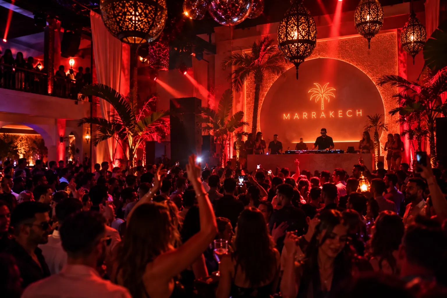 A crowded Marrakech nightclub at peak hour, lanterns and red lighting over the dance floor